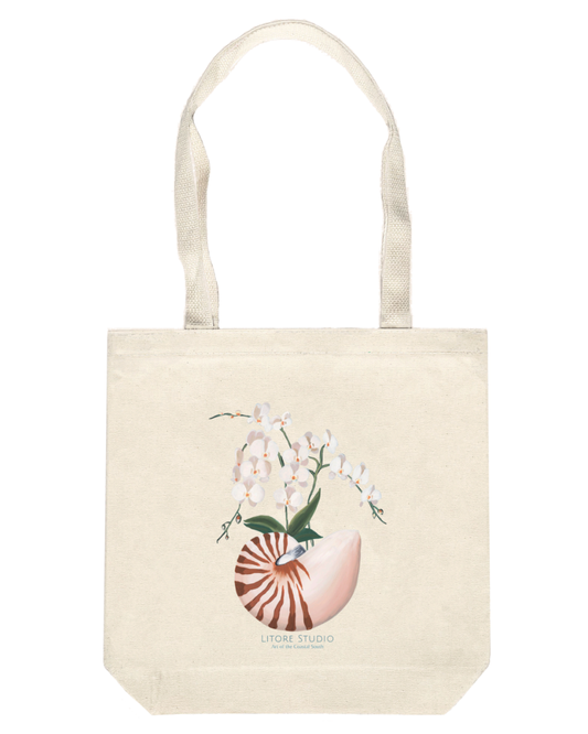 Nautilus and White Orchid Canvas Tote Bag
